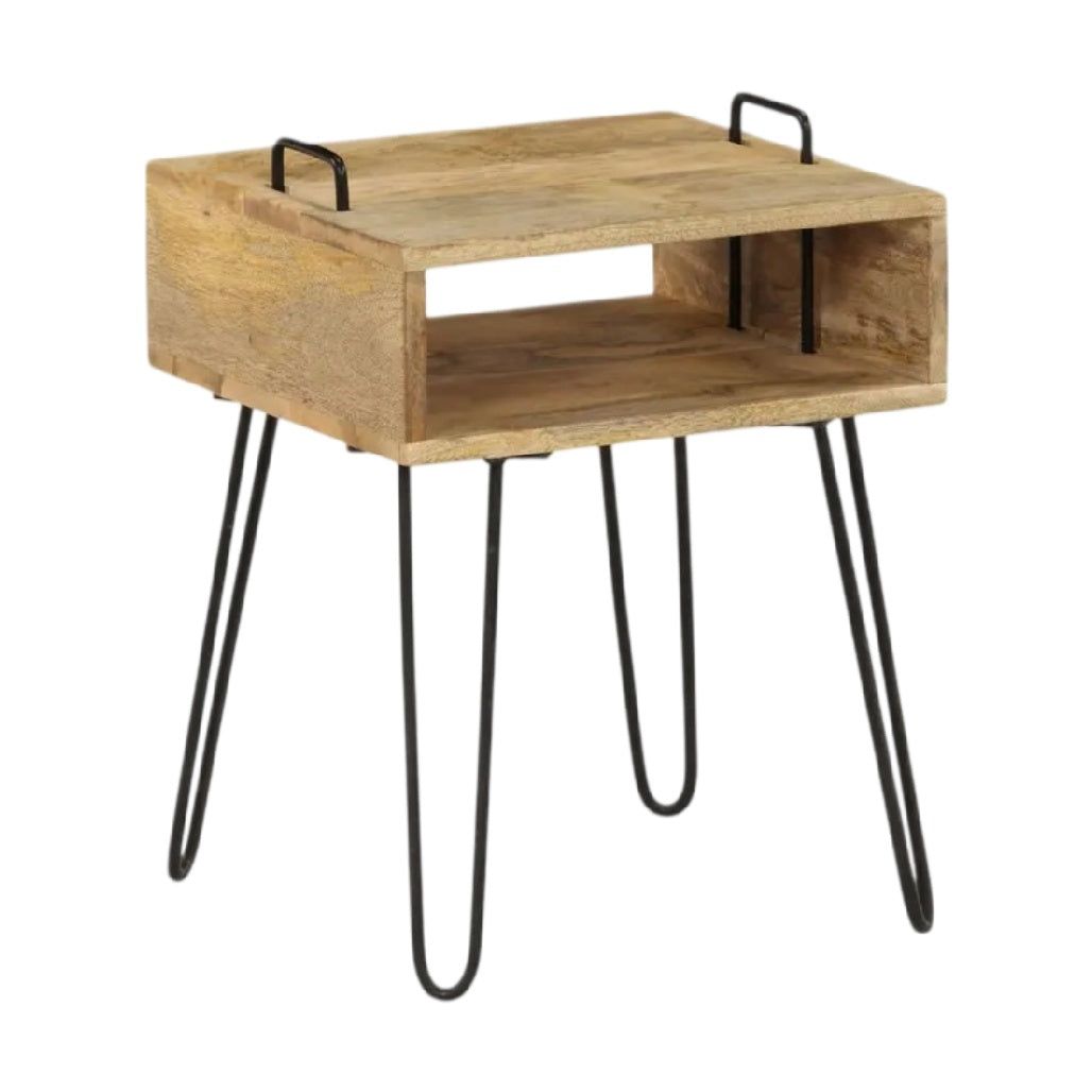 **Table basse en bois avec compartiment et pieds en métal**